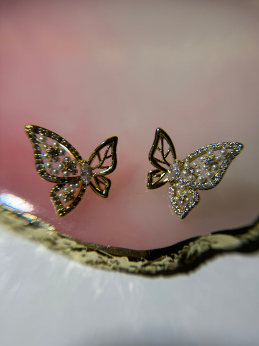 Butterfly & Pearls Gold Earrings