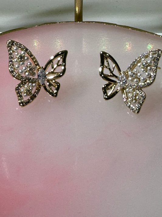 Butterfly & Pearls Gold Earrings